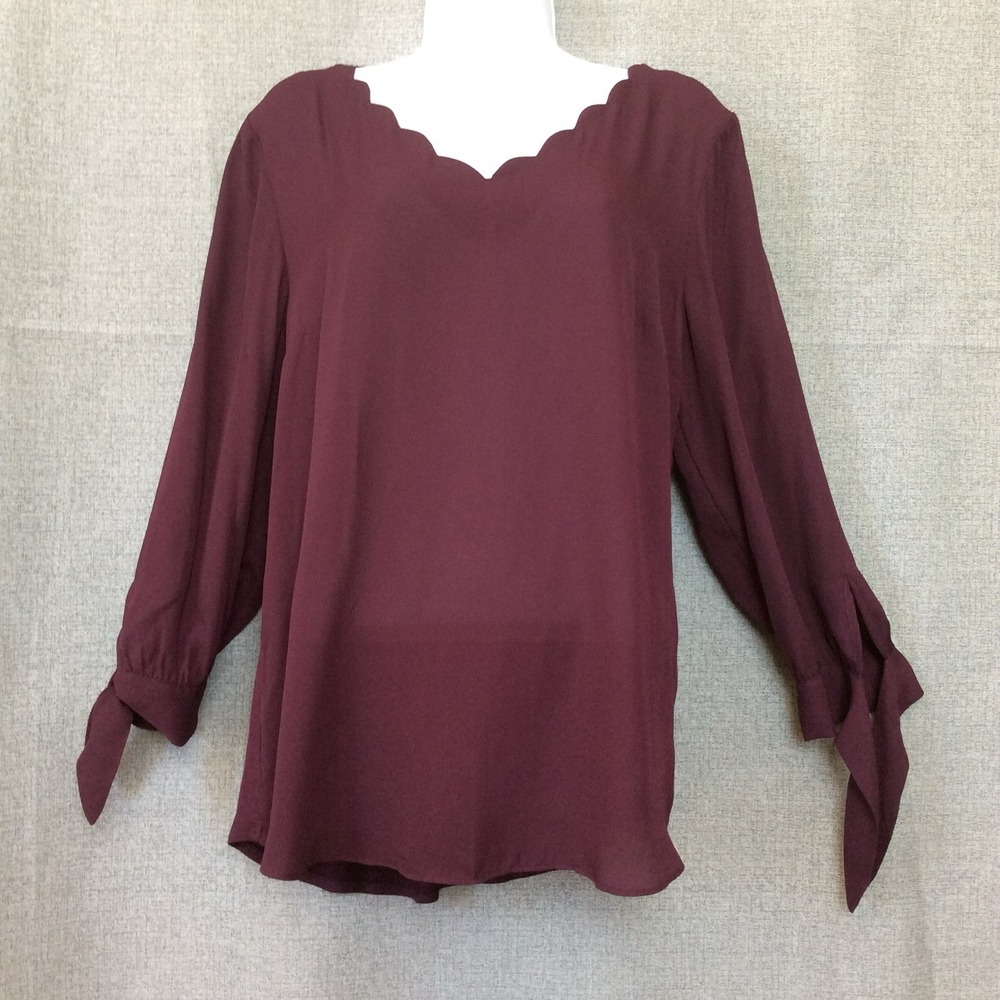Fortune + Ivy Farrow Blouse Dark Purple Burgundy Lg Tie Sleeve Scalloped Office
